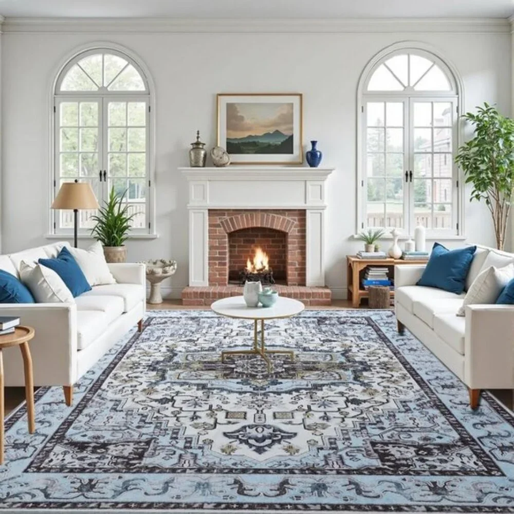 New 5x7 Blue Vintage Area Rug, Washable Low Pile Non-Slip Carpet for Living Room